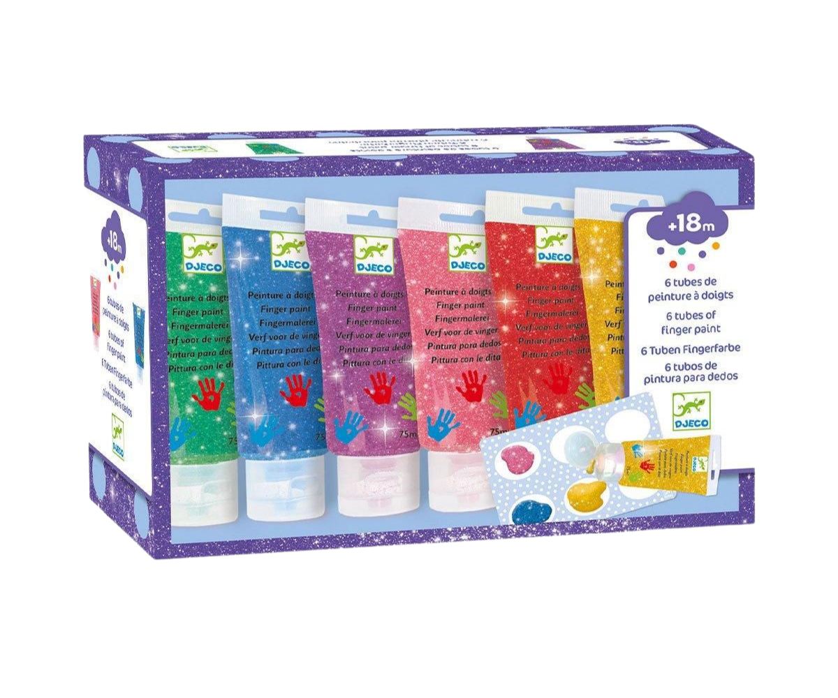 Set de pintura de dedos Djeco con purpurina – 6 colores brillantes para bebés