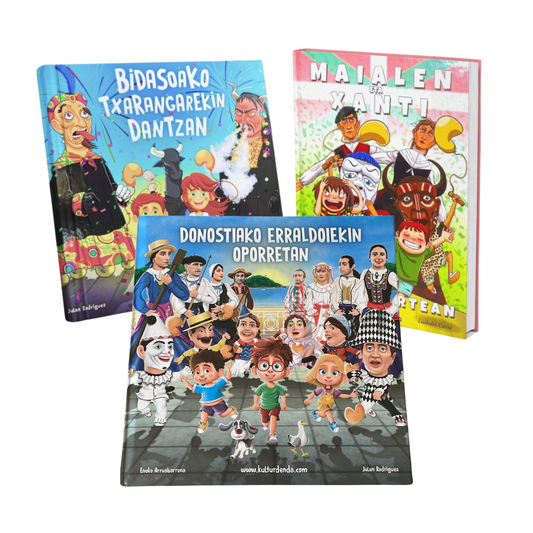 Pack 3 Libros "Maialen eta Xanti lagun artean" + "Bidasoako txarangarekin dantzan" + "Donostiako Erraldoiekin Oporretan" (Euskera)