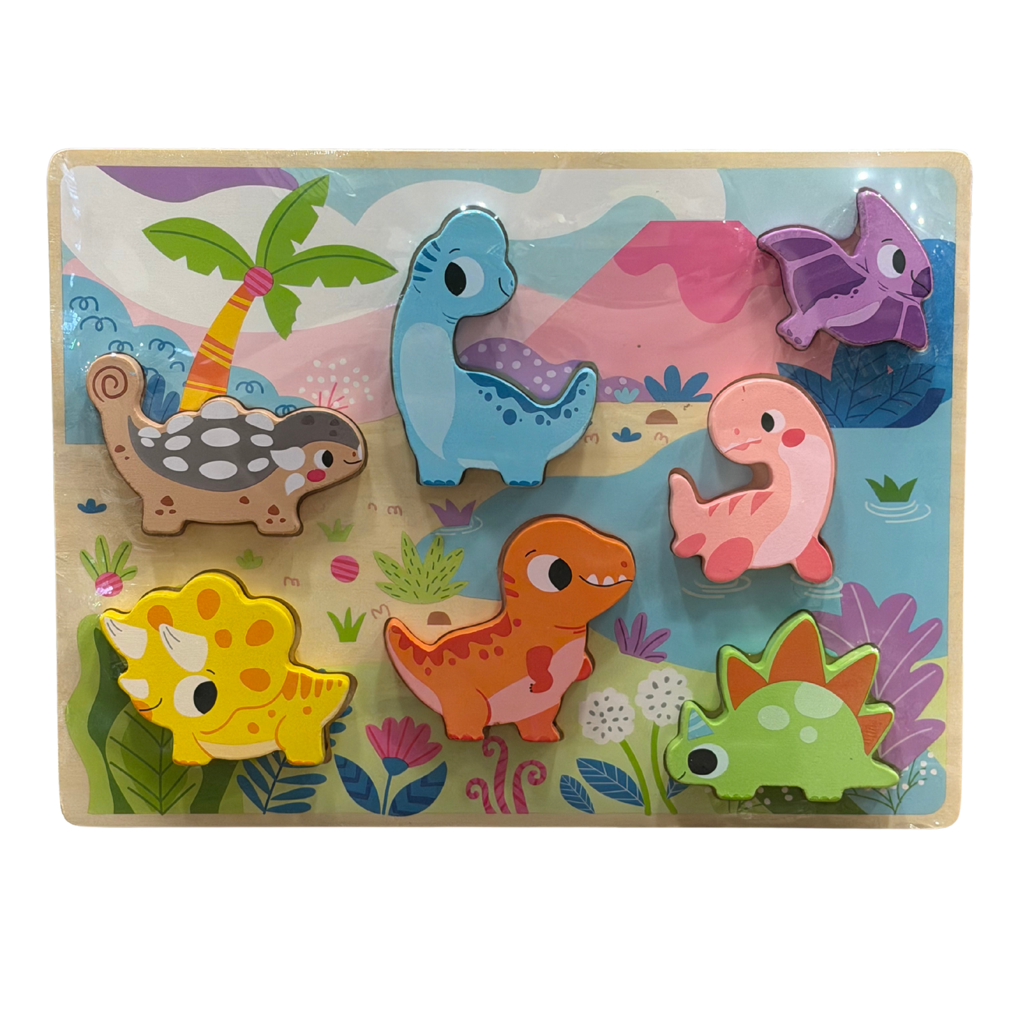 Puzzle de dinosaurios de madera para niños – 7 piezas encajables (J)