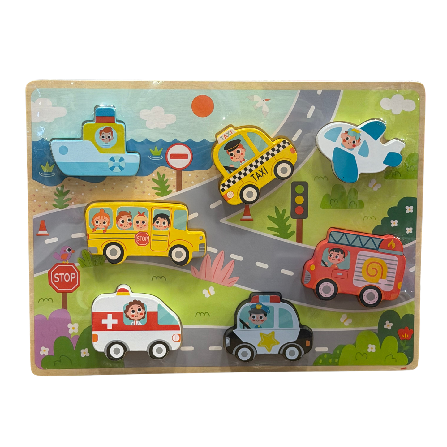 Puzzle de transporte en madera para niños – 7 vehículos encajables (J)