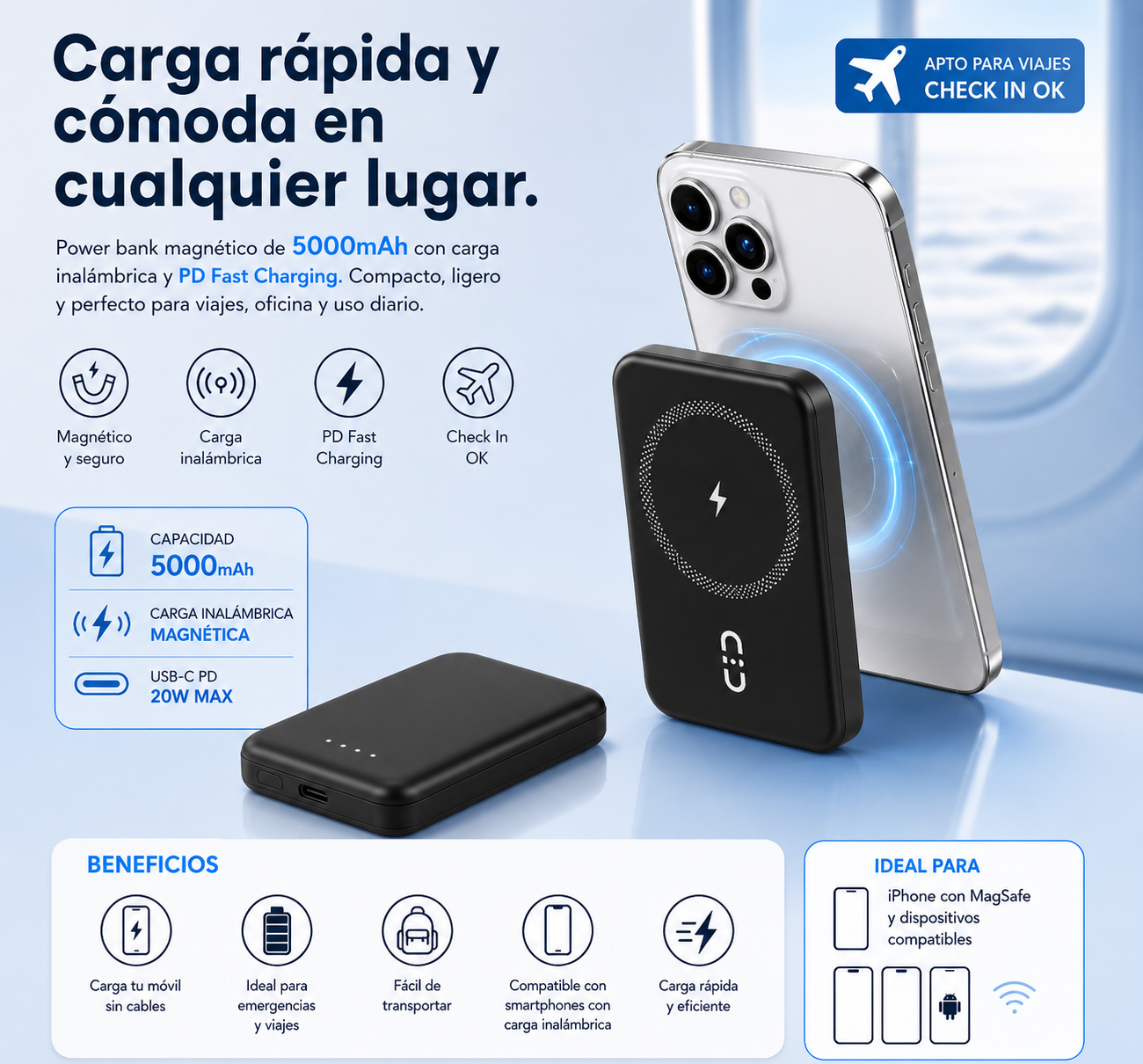 Power Bank magnético inalámbrico 5000mAh carga rápida PD