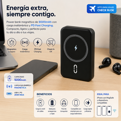 Power Bank magnético inalámbrico 5000mAh carga rápida PD