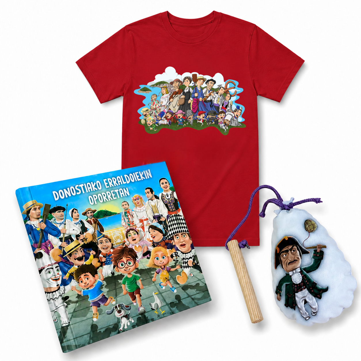 Pack Donostiako Erraldoiekin Oporretan – Camiseta + Maskuria + Libro "Donostiako Erraldoiekin Oporretan" (Euskera)