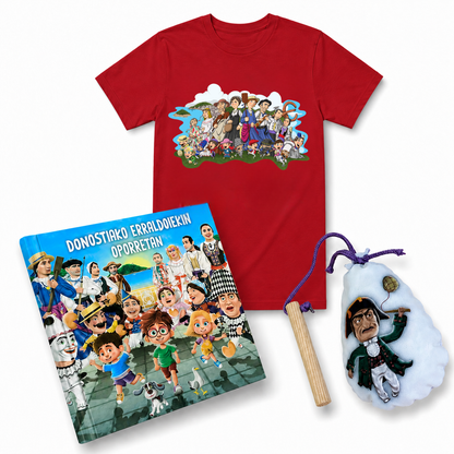 Pack Donostiako Erraldoiekin Oporretan – Camiseta + Maskuria + Libro "Donostiako Erraldoiekin Oporretan" (Euskera)