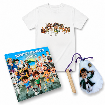 Pack Donostiako Erraldoiekin Oporretan – Camiseta + Maskuria + Libro "Donostiako Erraldoiekin Oporretan" (Euskera)