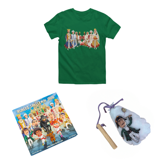 Pack Camiseta Iruñeko erraldoien + Maskuria + Libro "Iruñeko Sanfermin Jaiak" (Euskera)