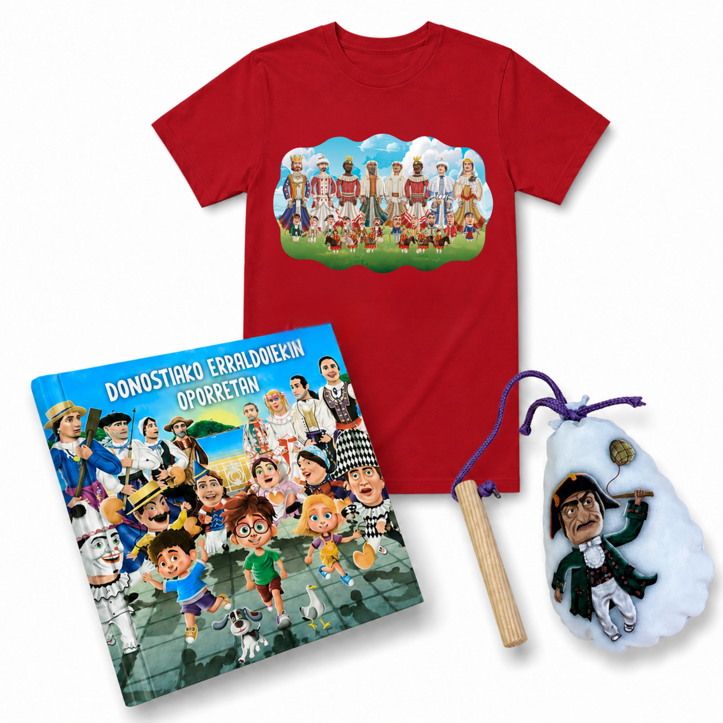 Pack Donostiako Erraldoiekin Oporretan – Camiseta + Maskuria + Libro "Donostiako Erraldoiekin Oporretan" (Euskera)