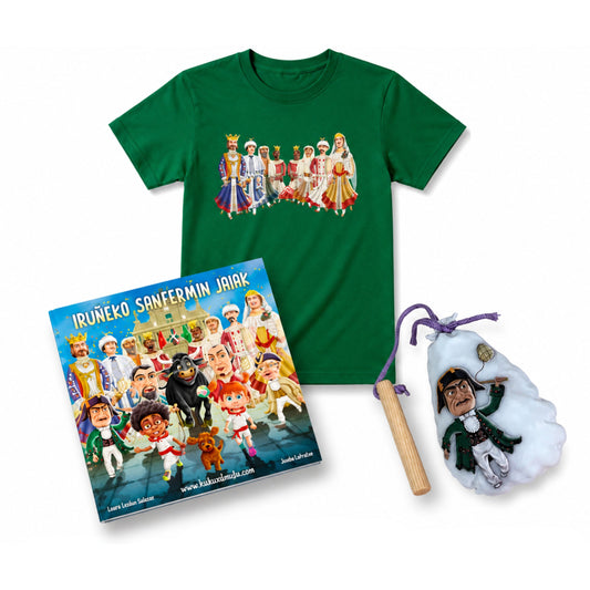 Pack Iruñeko Erraldoiak – Camiseta + Maskuria + Libro "Iruñeko Sanfermin Jaiak" (Euskera)