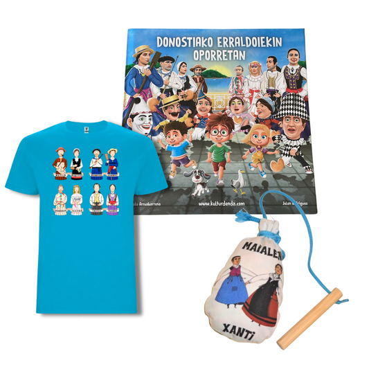 Pack Camiseta + Maskuria + Libro "Donostiako Erraldoiekin Oporretan" (Euskera)