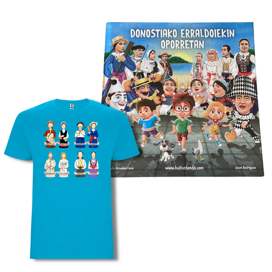 Pack Camiseta + Libro "Donostiako Erraldoiekin Oporretan" (Euskera)