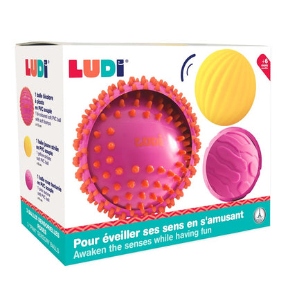 Pelotas sensoriales bicolor rosa y amarillo Ludi – Pack de 3 para bebé – Kulturdenda