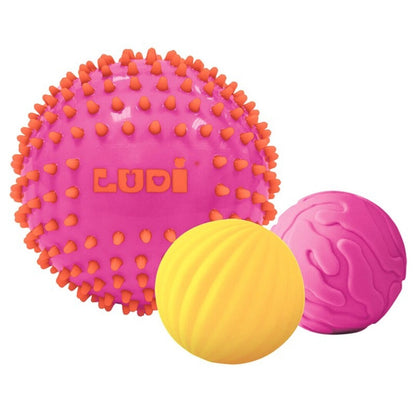 Pelotas sensoriales bicolor rosa y amarillo Ludi – Pack de 3 para bebé – Kulturdenda