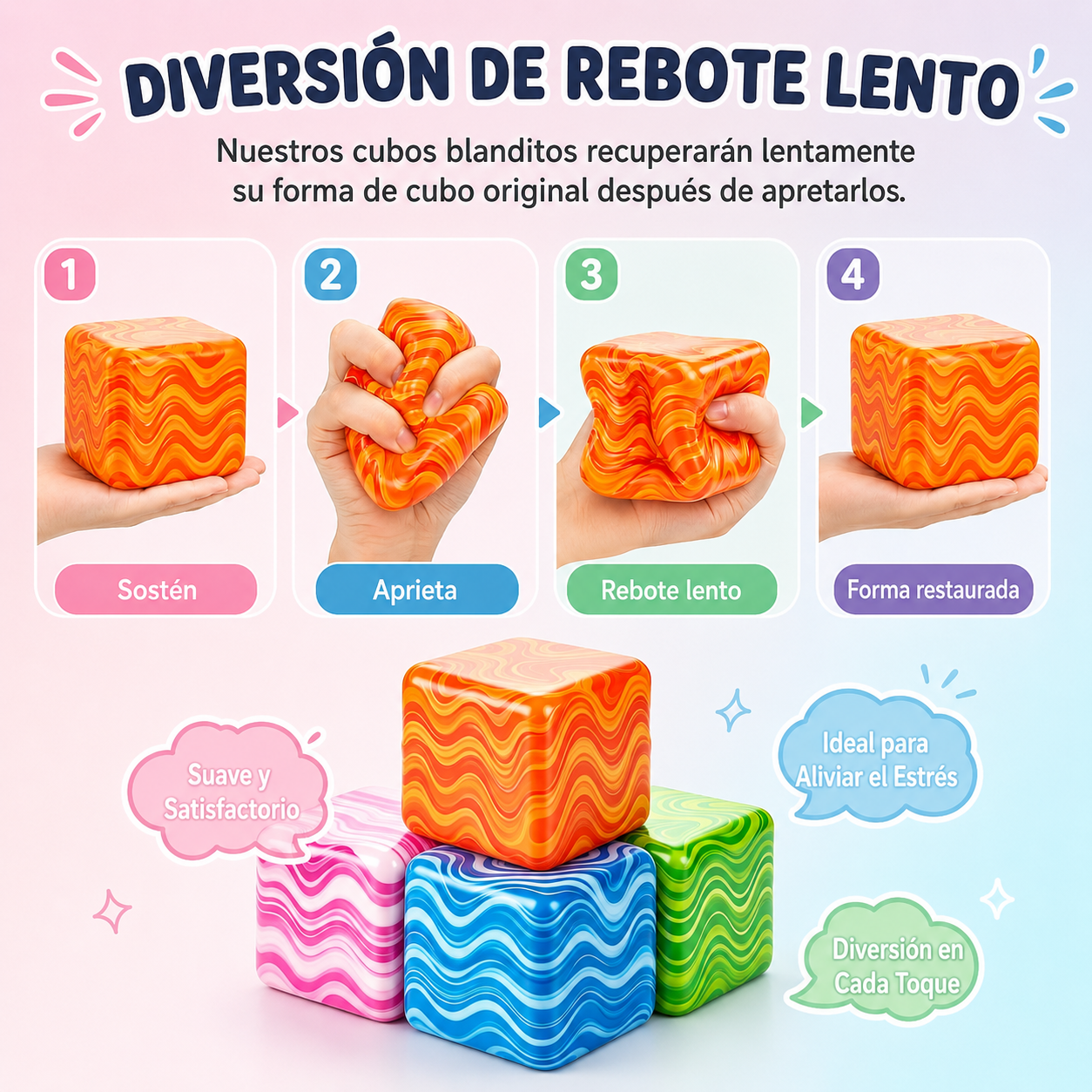 Cubos Squishy Antiestrés — Juguete Sensorial Blando para Apretar (Color y Modelo Aleatorio)