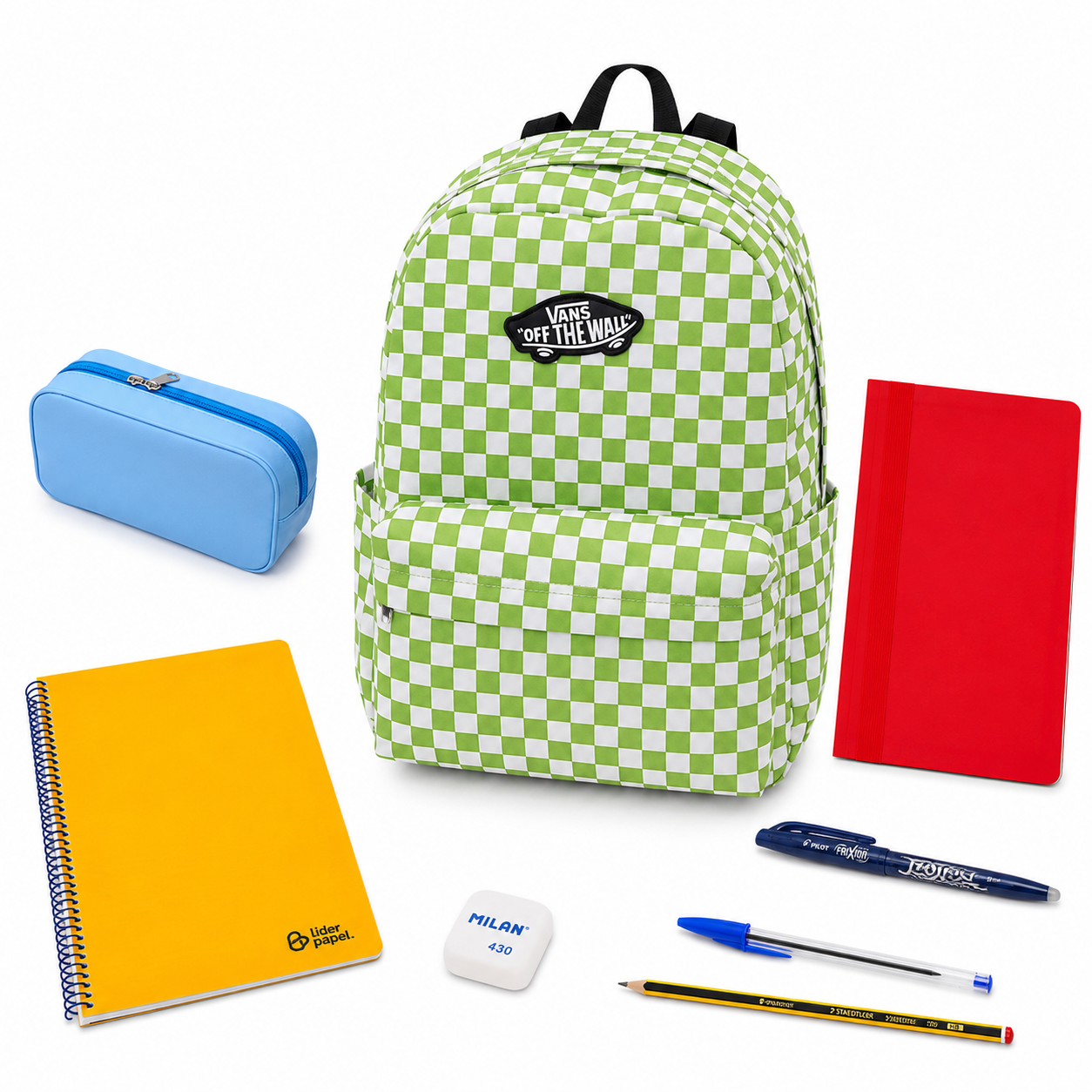 Pack Vuelta al Cole - Mochila Vans Realm Cuadros verdes + material escolar