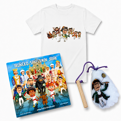 Pack Iruñeko Jaiak – Camiseta + Maskuria + Libro "Iruñeko Sanfermin Jaiak" (Euskera)