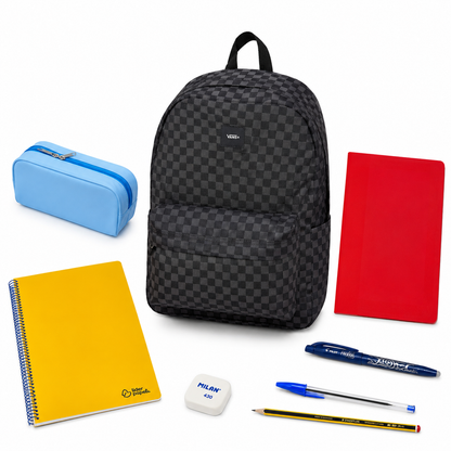 Pack Vuelta al Cole - Mochila Vans Old Skool Cuadros grises + material escolar