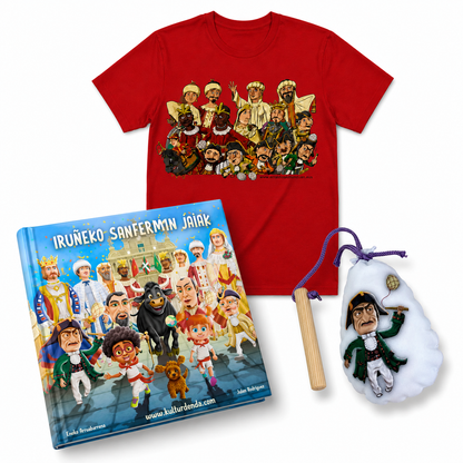 Pack Iruñeko Jaiak – Camiseta + Maskuria + Libro "Iruñeko Sanfermin Jaiak" (Euskera)