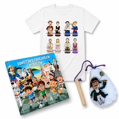 Pack Donostiako Erraldoiekin Oporretan – Camiseta + Maskuria + Libro "Donostiako Erraldoiekin Oporretan" (Euskera)