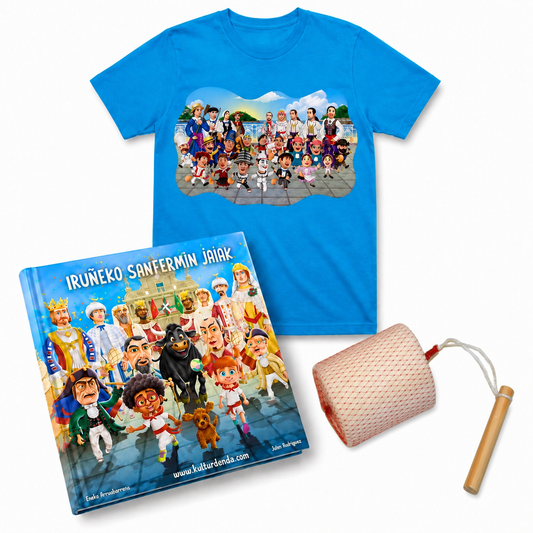 Pack Donostiako Erraldoiekin Oporretan – Camiseta + Maskuria + Libro "Donostiako Erraldoiekin Oporretan" (Euskera)
