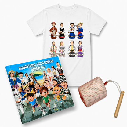 Pack Donostiako Erraldoiekin Oporretan – Camiseta + Maskuria + Libro "Donostiako Erraldoiekin Oporretan" (Euskera)