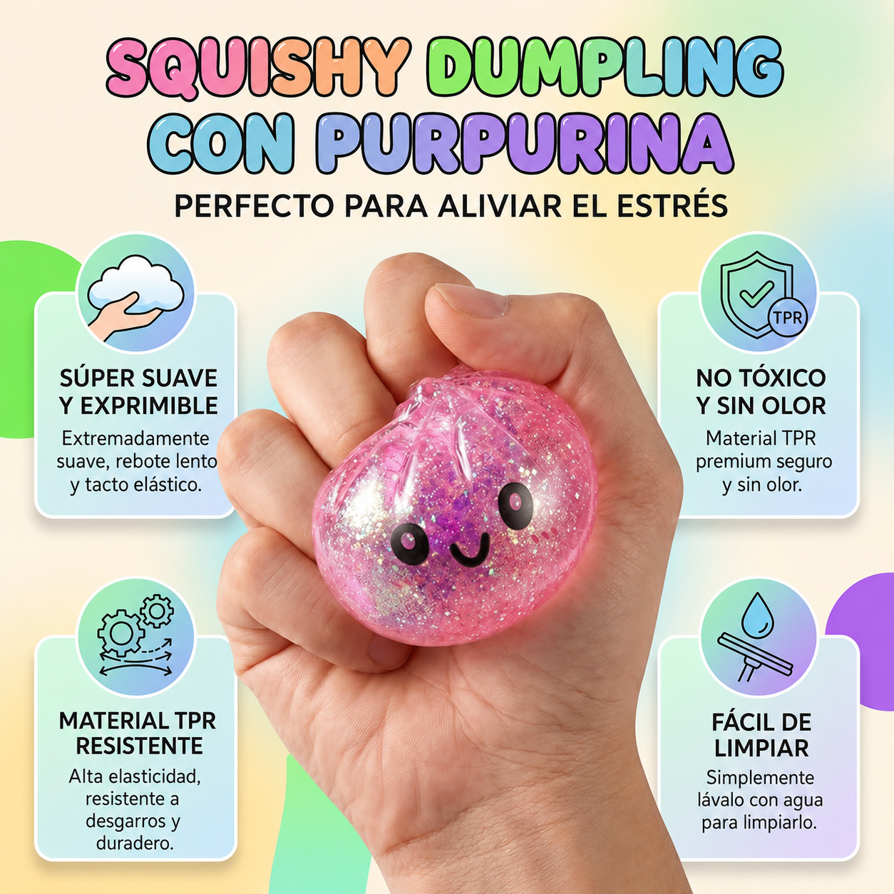 Squishy Dumpling con Purpurina Antiestrés — Juguete Sensorial Blando (Color Aleatorio)