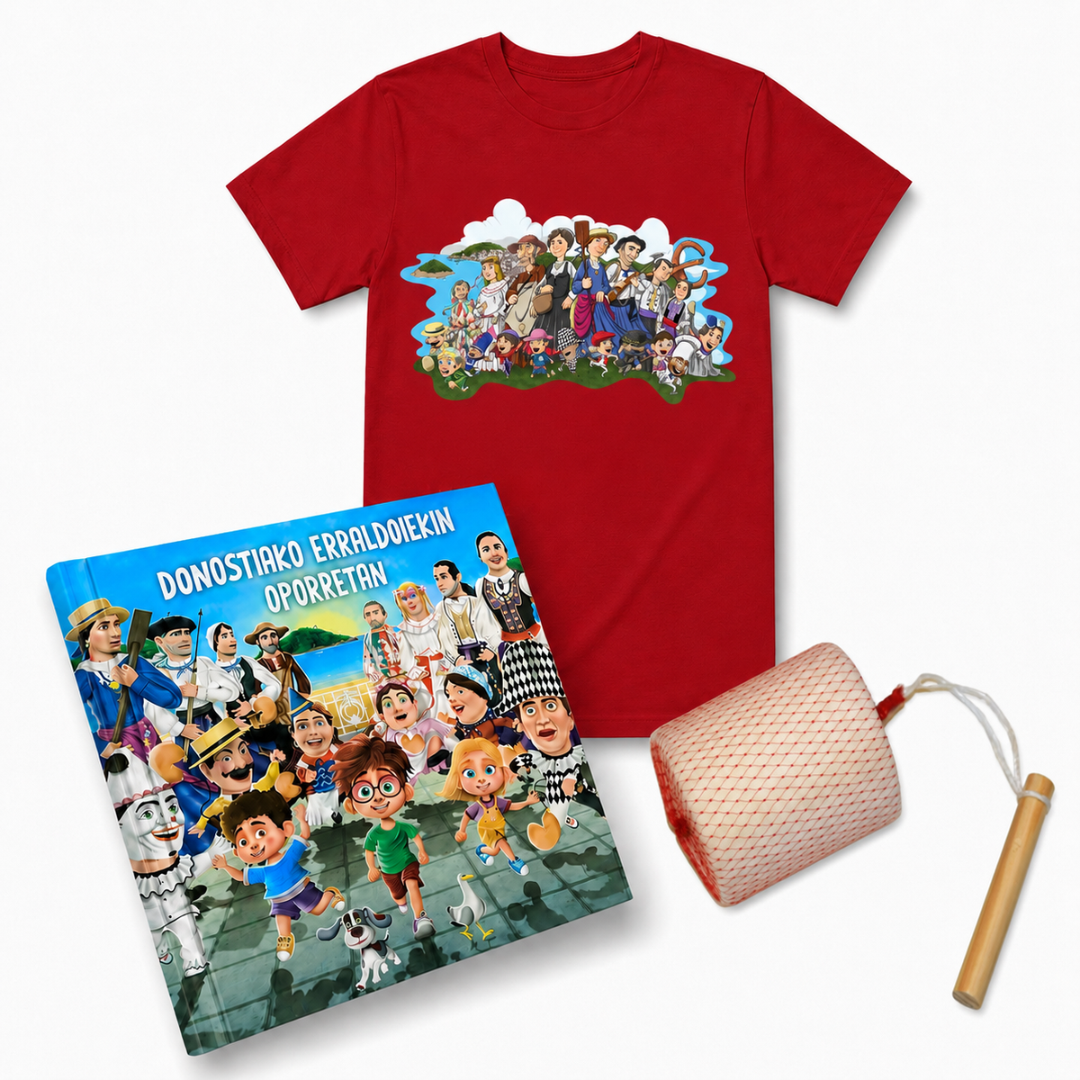 Pack Donostiako Erraldoiekin Oporretan – Camiseta + Maskuria + Libro "Donostiako Erraldoiekin Oporretan" (Euskera)