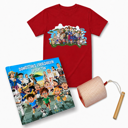 Pack Donostiako Erraldoiekin Oporretan – Camiseta + Maskuria + Libro "Donostiako Erraldoiekin Oporretan" (Euskera)