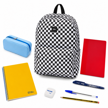 Pack Vuelta al Cole - Mochila Vans Old Skool Cuadros blanco y negro + material escolar