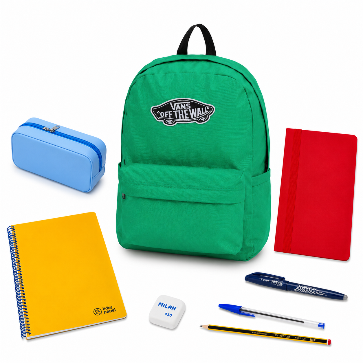 Pack Vuelta al Cole - Mochila Vans Realm Verde + material escolar