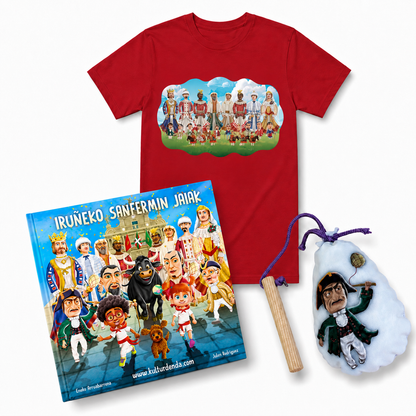 Pack Iruñeko Jaiak – Camiseta + Maskuria + Libro "Iruñeko Sanfermin Jaiak" (Euskera)